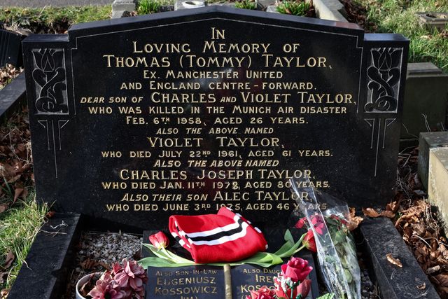 A general view of former Barnsley FC and Manchester United and England international forward Tommy Taylor grave and headstone 67 years after 23 passengers 8 of whom were Manchester United players sadly lost their lives in the Munich Air disaster on the 6th of February 1958;  Monk Bretton Cemetery, Monk Bretton, Barnsley, United Kingdom, 6th February 2025

(Photo by Mark Cosgrove/News Images)