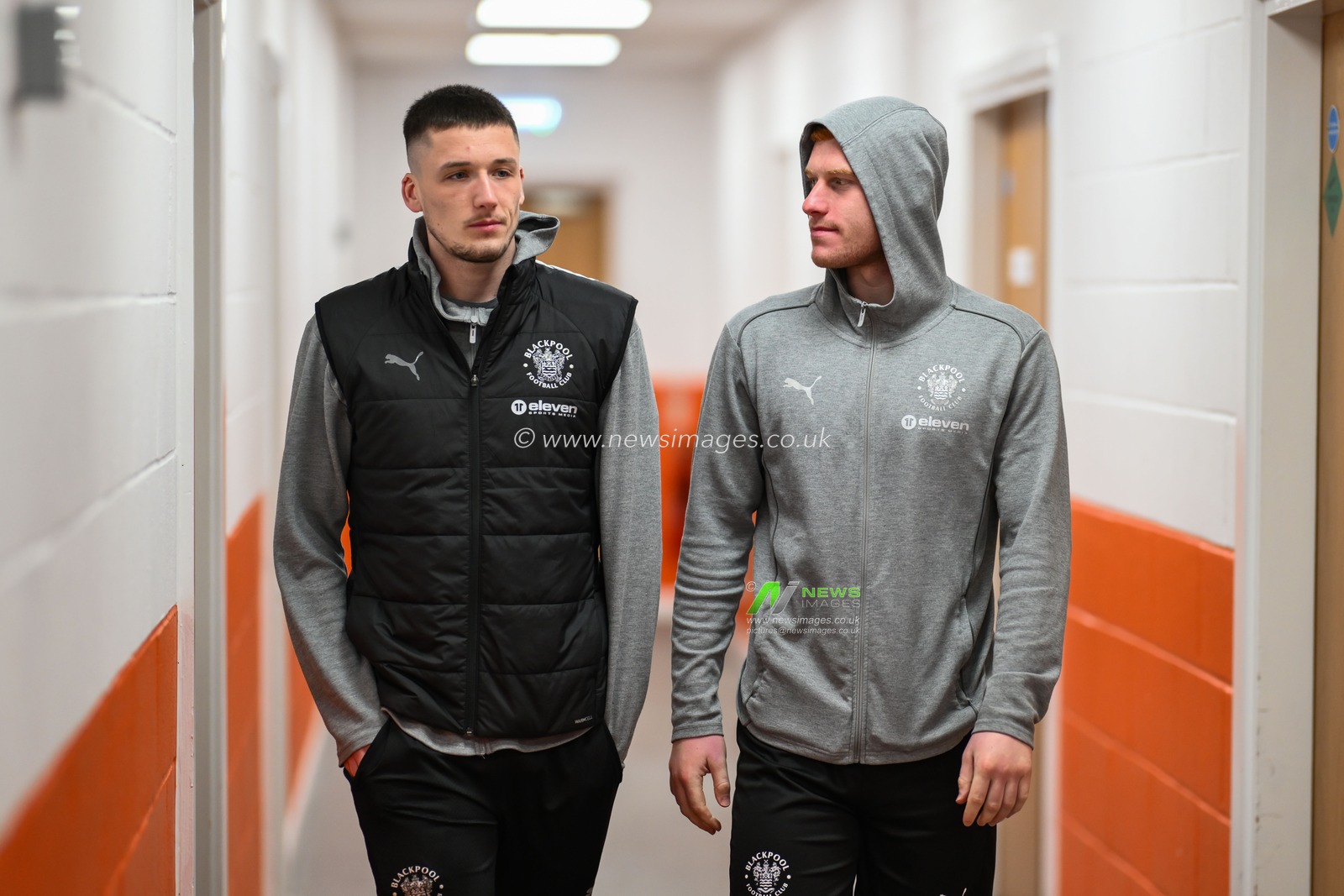 Oliver Casey and Mackenzie Chapman of Blackpool arrive ahead of the Sky Bet League 1 match Blackpool vs Rotherham United at Bloomfield Road, Blackpool, United Kingdom, 11th February 2025

(Photo by Craig Thomas/News Images)