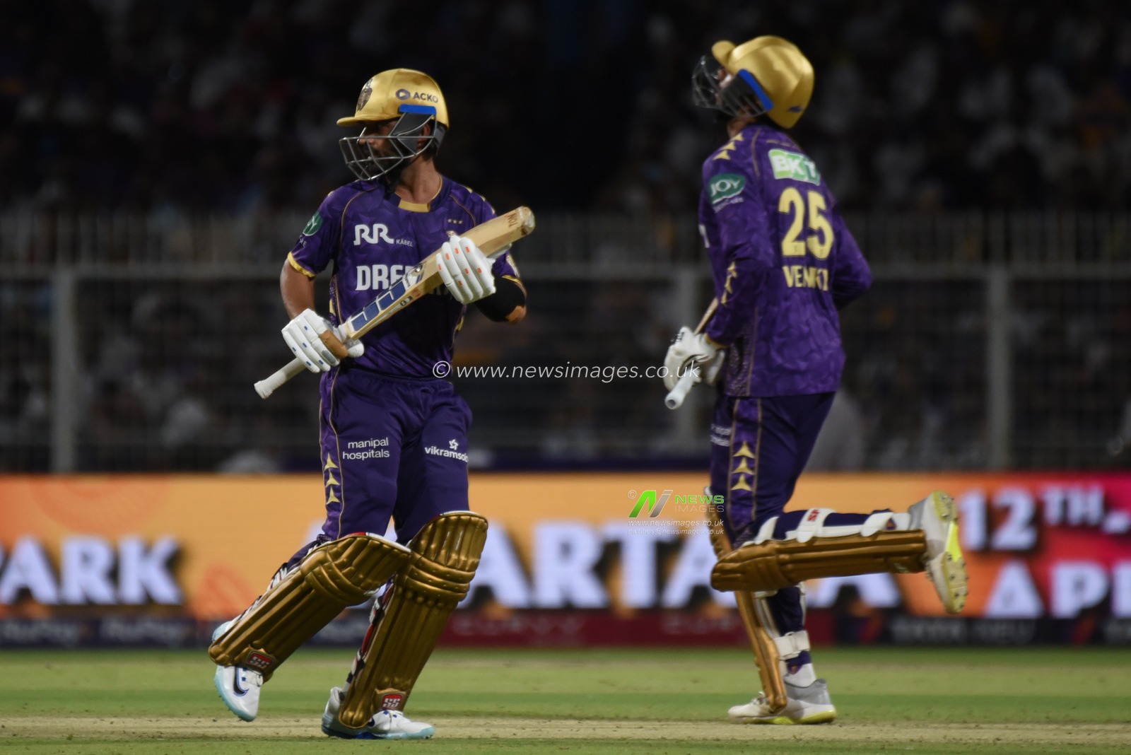 Kolkata Knight Riders' Venkatesh Iyer and captin Kolkata Knight Riders' captain Ajinkya Rahane ,left run between the wickets to score at the Indian Premier League (IPL) 2025 cricket match between Kolkata Knight Riders and Lucknow Super Giants, at Eden Gardens, in Kolkata, West Bengal, Tuesday, April 8, 2025. Photo by Debajyoti Chakraborty.(Photo: Debajyoti Chakraborty/News Images)