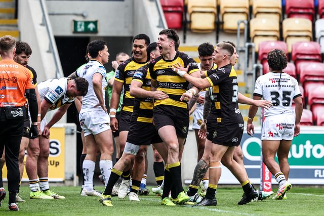 Sam Wood of York Knights celebrates his try during the Betfred Super League round 12 match York Knights vs Castleford Tigers at LNER Community Stadium, York, United Kingdom on 16 May 2026

(Photo by Alfie Cosgrove/News Images)