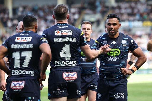 Jake Wardle of Wigan Warriors celebrates his try during the Betfred Super League Round 9 match Hull FC vs Wigan Warriors at MKM Stadium, Hull, United Kingdom, 27th April 2025

(Photo by Mark Cosgrove/News Images)