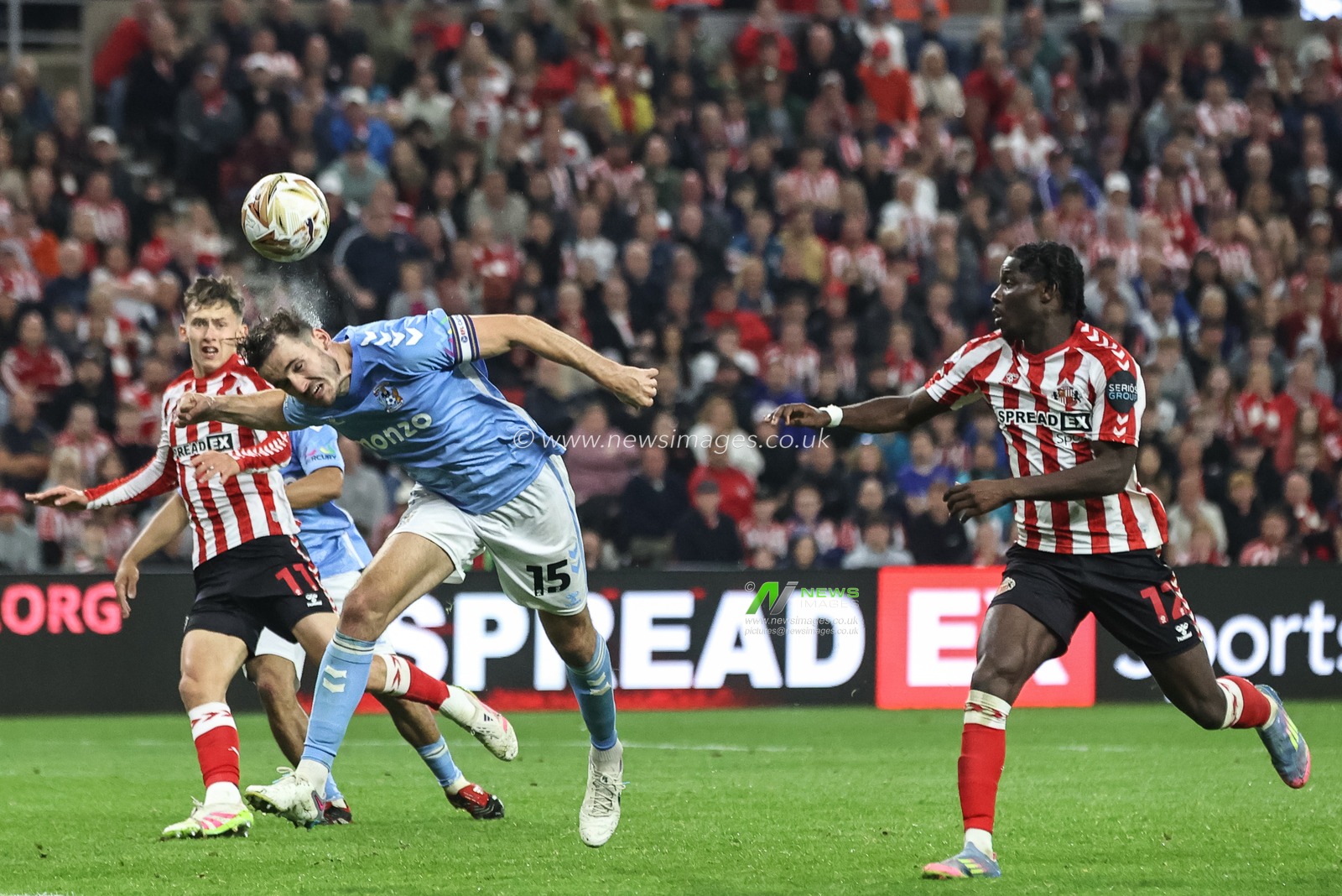 Liam Kitching of Coventry City heads the ball clear of his defensive area during the Sky Bet Championship Playoff Semi-final match Sunderland vs Coventry City at Stadium Of Light, Sunderland, United Kingdom, 13th May 2025

(Photo by Alfie Cosgrove/News Images)
