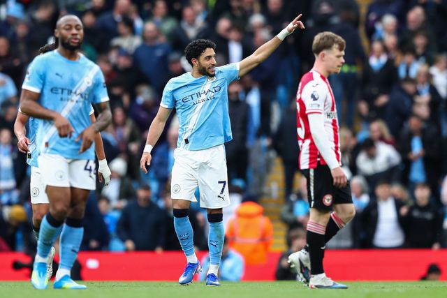 Omar Marmoush of Manchester City celebrates his goal to make it 3-0 during the Premier League match Manchester City vs Brentford at The City in the Community Etihad Stadium, Manchester, United Kingdom on 09 May 2026

(Photo by Jorge Horsted/News Images)