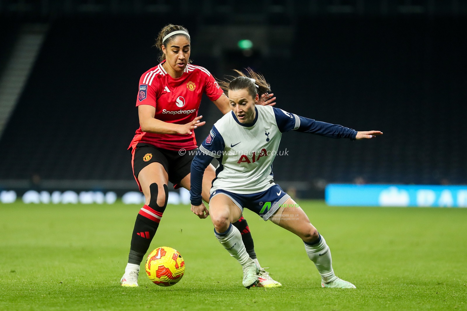 Hayley Raso of Tottenham Hotspur Women is put under pressure by Gabby George of Manchester United Women during the Barclays Women's Super League match Tottenham Hotspurâ€™s Women vs Manchester United Women at Tottenham Hotspur Stadium, 2nd February 2025

(Photo by Izzy Poles/News Images)