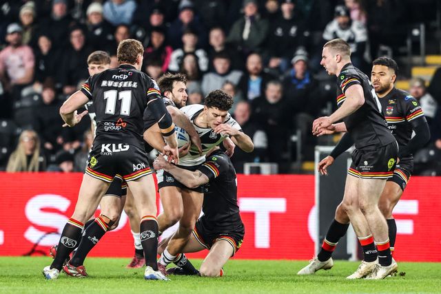 Lewis Martin of Hull FC is tackled during the Betfred Super League round 1 match Hull FC vs Bradford Bulls at MKM Stadium, Hull, United Kingdom on 14 February 2026

(Photo by Alfie Cosgrove/News Images)