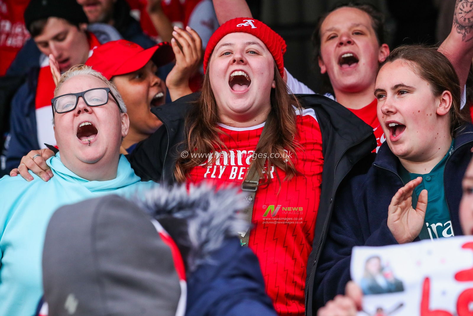 Arsenal fans celebrate the teams victory following the Barclays Women's Super League match West Ham United Women vs Arsenal Women at Chigwell Construction Stadium, Dagenham, United Kingdom, 20th October 2024

(Photo by Izzy Poles/News Images)