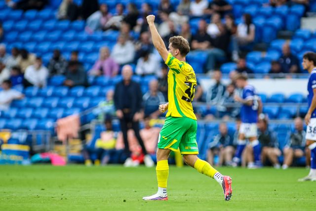 Mathias Kvistgaarden of Norwich City celebrates scoring his teams first goal during the Carabao Cup round 2 match Cardiff City vs Norwich City at Cardiff City Stadium, Cardiff, United Kingdom on 25 August 2026

(Photo by Andrew Lewis/News Images)