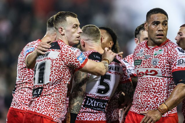 Josh Charley of Leigh Leopards celebrates his try making it 16-0 during the Betfred Super League play-off Eliminator 1 match Leigh Leopards vs Wakefield Trinity at Progress With Unity Stadium, Leigh, United Kingdom, 26th September 2025

(Photo by Alfie Cosgrove/News Images)