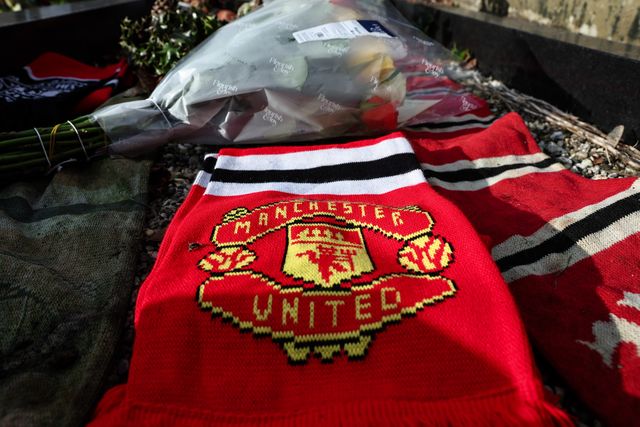 A general view of former Barnsley FC and Manchester United and England international forward Tommy Taylor grave and headstone 67 years after 23 passengers 8 of whom were Manchester United players sadly lost their lives in the Munich Air disaster on the 6th of February 1958;  Monk Bretton Cemetery, Monk Bretton, Barnsley, United Kingdom, 6th February 2025

(Photo by Mark Cosgrove/News Images)