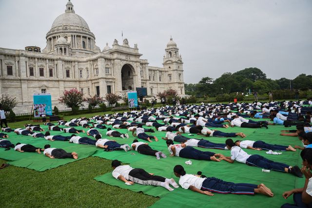 The NCC, or National Cadet Corps, personnel performing yoga on International Yoga Day at lawn of Victoria Memorial Hall on June 21, 2025 in Kolkata, India.Photo by Debajyoti Chakraborty.(Photo: Debajyoti Chakraborty/News Images)