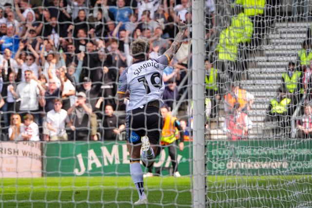 Sammie Szmodics of Derby County celebrates his goal to make it  1-0 during the Sky Bet Championship match Derby County vs Sheffield United at Pride Park Stadium, Derby, United Kingdom on 02 May 2026

(Photo by Maynard Manyowa/News Images)