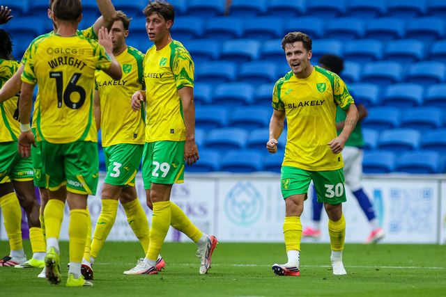 Mathias Kvistgaarden of Norwich City celebrates scoring his teams first goal during the Carabao Cup round 2 match Cardiff City vs Norwich City at Cardiff City Stadium, Cardiff, United Kingdom on 25 August 2026

(Photo by Andrew Lewis/News Images)