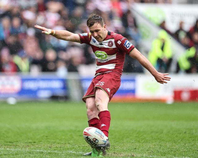 Harry Smith of Wigan Warriors converts for a goal to make it 18-2 during the Betfred Super League Round 8 match Wigan Warriors vs St Helens at The Brick Community Stadium, Wigan, United Kingdom, 18th April 2025

(Photo by Mark Cosgrove/News Images)