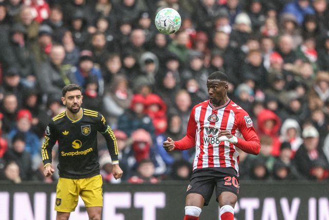 Nordi Mukiele of Sunderland jumps up to win the high ball during the Premier League match Sunderland vs Manchester United at Stadium Of Light, Sunderland, United Kingdom on 09 May 2026

(Photo by Alfie Cosgrove/News Images)