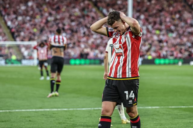 Harrison Burrows of Sheffield United reacts to a missed shot on goal during the Sky Bet Championship Playoff Semi-final match Sheffield United vs Bristol City at Bramall Lane, Sheffield, United Kingdom, 12th May 2025

(Photo by Mark Cosgrove/News Images)