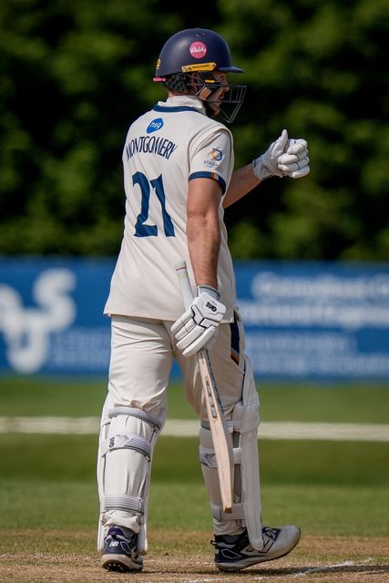 Matthew Montgomery raises his bat towards the pavilion after scoring a half century during the County Championship Division Two Derbyshire v Gloucestershire at The Central Co-Op County Ground, Derby, United Kingdom on 26 April 2026

(Photo by Maynard Manyowa/News Images)