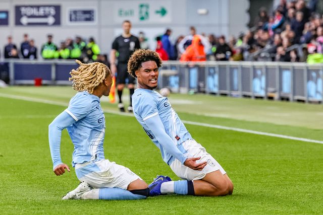 Floyd Samba of Manchester City U18's celebrates his goal to make it 1-0 during the FA Youth Cup Final match Manchester City U18 vs Manchester United U18 at Joie Stadium, Manchester, United Kingdom on 14 May 2026

(Photo by Mark Cosgrove/News Images)