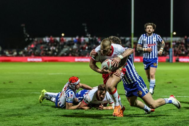 Mikey Lewis of Hull KR goes over for a try during the Betfred Super League round 6 match Hull KR vs St Helens at Sewell Group Craven Park, Hull, United Kingdom on 27 March 2026

(Photo by Alfie Cosgrove/News Images)