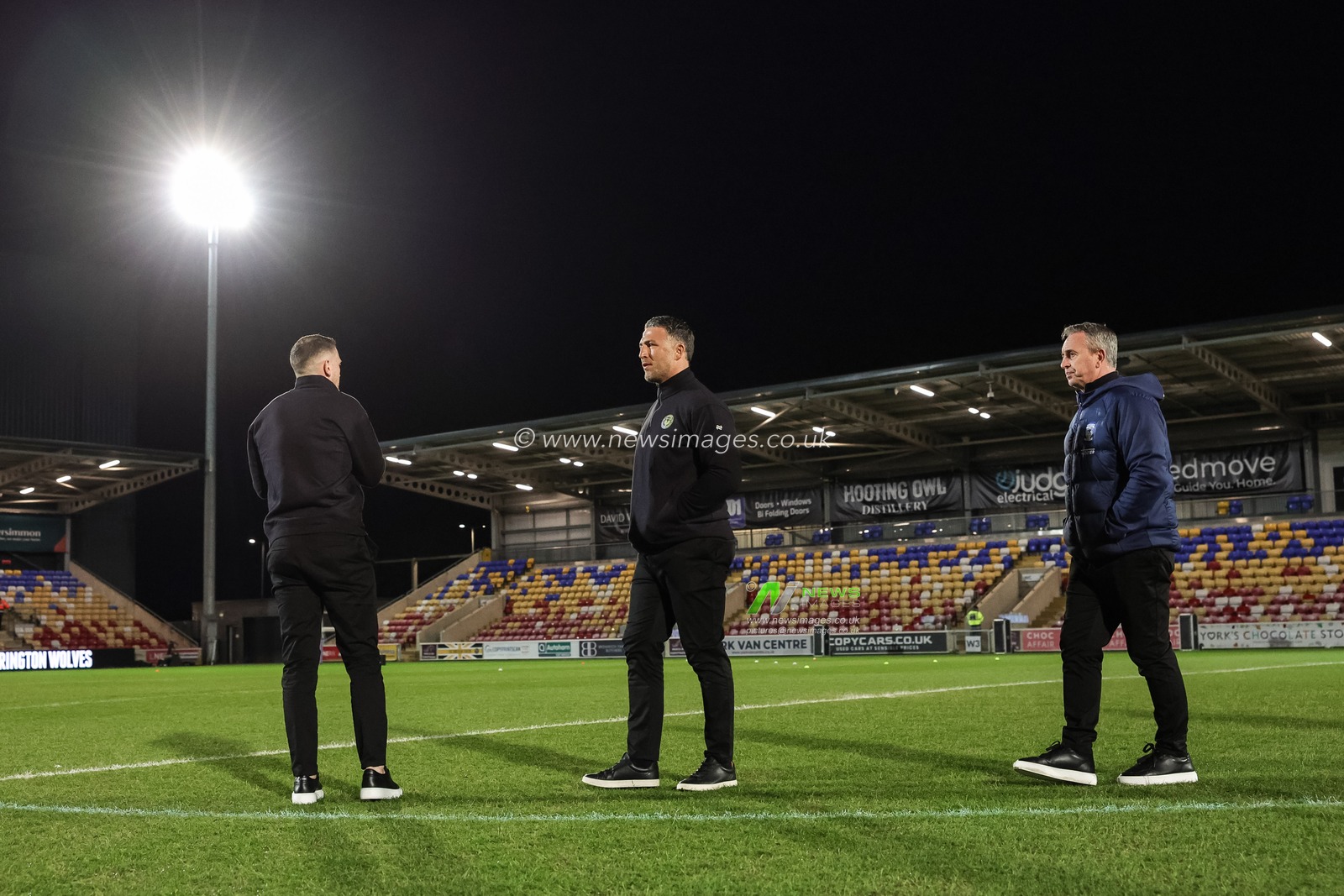 Sam Burgess head coach of Warrington Wolves, Steve McNamara and Ben Currie inspect the pitch during the Betfred Super League Round 4 match York Knights vs Warrington Wolves at LNER Community Stadium, York, United Kingdom on 06 March 2026

(Photo by Mark Cosgrove/News Images)