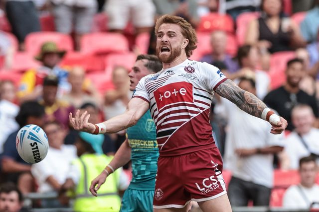 Adam Keighran of Wigan Warriors celebrates his try during the Betfred Challenge Cup Final match Wigan Warriors vs Hull KR at Wembley Stadium, London, United Kingdom on 30 May 2026

(Photo by Mark Cosgrove/News Images)