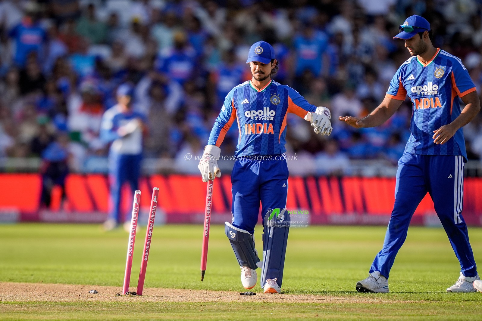 Ishan Kishan of India celebrates breaking the stumps to run out Will Jacks of England during the Third Vitality T20 International match England vs India at Trent Bridge, Nottingham, United Kingdom on 07 July 2026

(Photo by Maynard Manyowa/News Images)