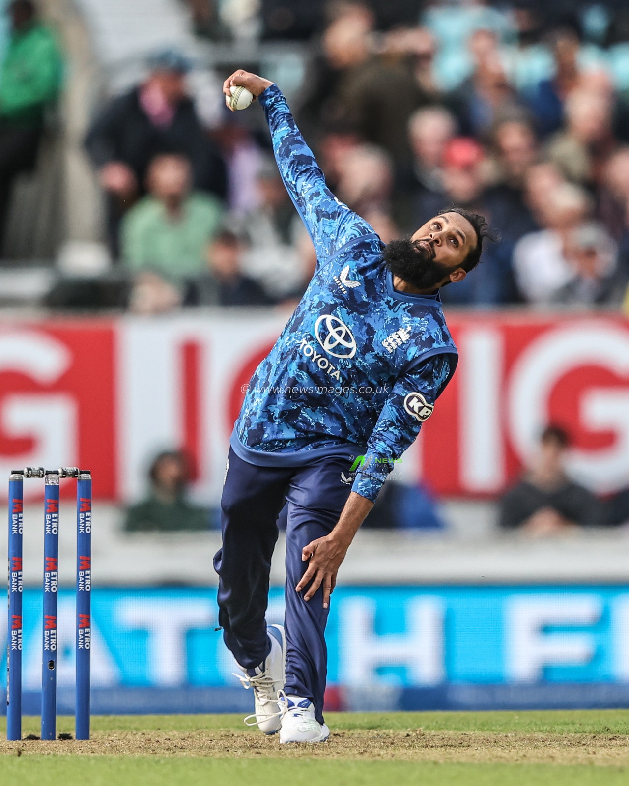 Adil Rashid of England delivers the ball during the 3rd Metro Bank ODI England v West Indies at The Kia Oval, London, United Kingdom, 3rd June 2025

(Photo by Alfie Cosgrove/News Images)