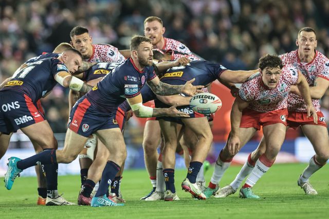 Daryl Clark of St Helens off-loads during the Betfred Super League Round 26 match Leigh Leopards vs St Helens at Leigh Sports Village, Leigh, United Kingdom, 12th September 2025

(Photo by Mark Cosgrove/News Images)