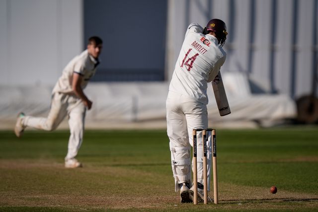 George Bartlett  defends the ball during the County Championship Division Two Derbyshire vs Northamptonshire day four match at The Central Co-Op County Ground, Derby, United Kingdom on 11 May 2026

(Photo by Maynard Manyowa/News Images)