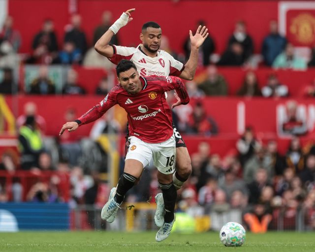 Casemiro of Manchester United is fouled by Cody Gakpo of Liverpool during the Premier League match Manchester United vs Liverpool at Old Trafford, Manchester, United Kingdom on 03 May 2026

(Photo by Mark Cosgrove/News Images)