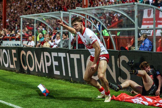 Noah Booth of Hull KR celebrates his try during the Betfred Super League round 12 match Hull KR vs Wigan Warriors at Sewell Group Craven Park, Hull, United Kingdom on 21 May 2026

(Photo by Alfie Cosgrove/News Images)
