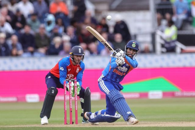 Tilak Varma of India hits a four during the First Vitality T20 International match England vs India at Banks Homes Riverside Stadium, Chester-le-street, United Kingdom on 01 July 2026

(Photo by Mark Cosgrove/News Images)