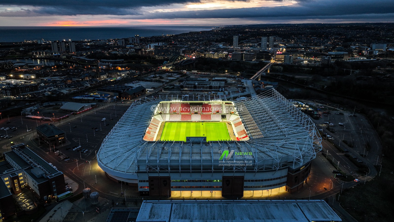 An aerial view of the Stadium Of Light during sunrise ahead of the Premier League match Sunderland vs Newcastle United at Stadium Of Light, Sunderland, United Kingdom, 14th December 2025

(Photo by Alfie Cosgrove/News Images)

*** GER AUT SUI OUT ***
