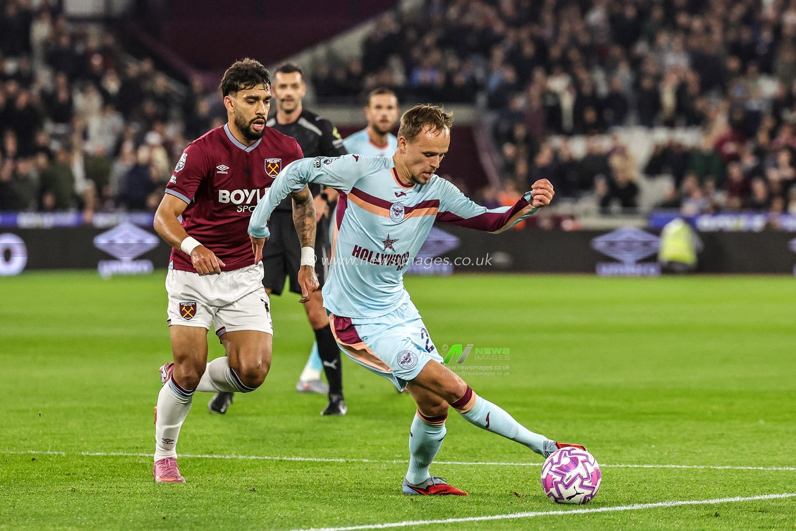 Kristoffer Ajer of Brentford controls the ball during the Premier League match West Ham United vs Brentford at London Stadium, London, United Kingdom, 20th October 2025

(Photo by Mark Cosgrove/News Images)