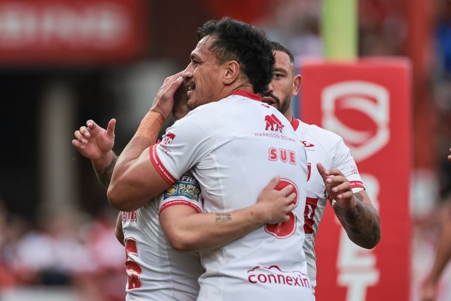 Mikey Lewis of Hull KR celebrates his try during the Betfred Super League round 12 match Hull KR vs Wigan Warriors at Sewell Group Craven Park, Hull, United Kingdom on 21 May 2026

(Photo by Mark Cosgrove/News Images)