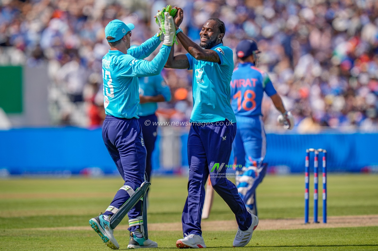 Jofra Archer of England celebrates taking the wicket of Virat Kohli of India during the 1st Metro Bank ODI match England vs India at Edgbaston, Birmingham, United Kingdom on 14 July 2026

(Photo by Maynard Manyowa/News Images)