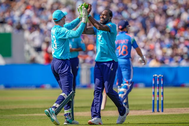 Jofra Archer of England celebrates taking the wicket of Virat Kohli of India during the 1st Metro Bank ODI match England vs India at Edgbaston, Birmingham, United Kingdom on 14 July 2026

(Photo by Maynard Manyowa/News Images)