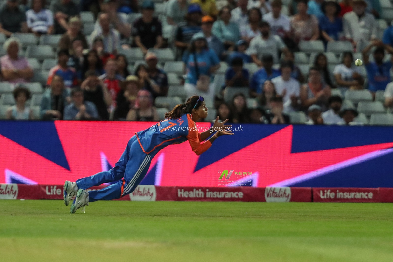 Amy Jones of England hits the ball into the hands of Radha Yadav of India during the 5th Vitality IT20 England Women vs India Women at Edgbaston, Birmingham, United Kingdom, 12th July 2025

(Photo by Izzy Poles/News Images)