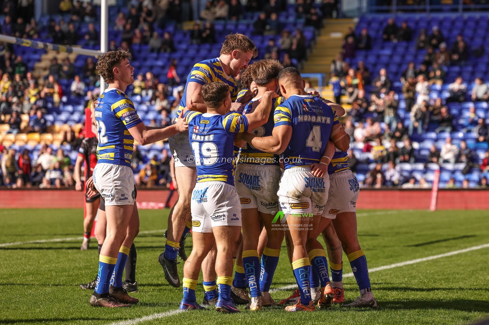 Lachlan Webster of Warrington Wolves celebrates his try with teammates on his debut during the Betfred Challenge Cup round 4 match Goole Vikings vs Warrington Wolves at The Halliwell Jones Stadium, Warrington, United Kingdom on 14 March 2026

(Photo by Mark Cosgrove/News Images)