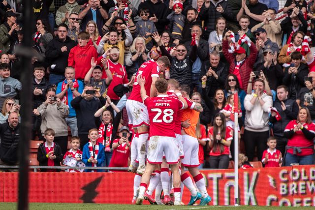 Wrexham players celebrate Jay Rodriguezâ€™ opening goal during the Sky Bet League 1 match Wrexham vs Stockport County at SToK Cae Ras, Wrexham, United Kingdom, 22nd March 2025

(Photo by Nik Mesney/News Images)