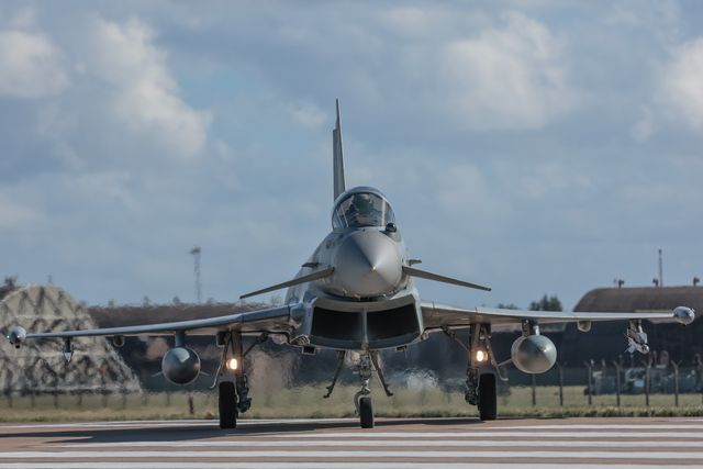 An Italian Air Force Eurofighter Typhoon FGR Mk4 taxies back to the pan during a flight training day at RAF Coningsby, Coningsby, United Kingdom, 22nd September 2025

(Photo by Mark Cosgrove/News Images)