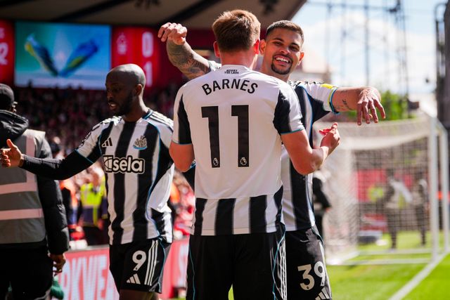 Harvey Barnes of Newcastle United celebrates his goal to make it  1-0 with Bruno Guimaraes of Newcastle United during the Premier League match Nottingham Forest vs Newcastle Untied at City Ground, Nottingham, United Kingdom on 10 May 2026

(Photo by Maynard Manyowa/News Images)