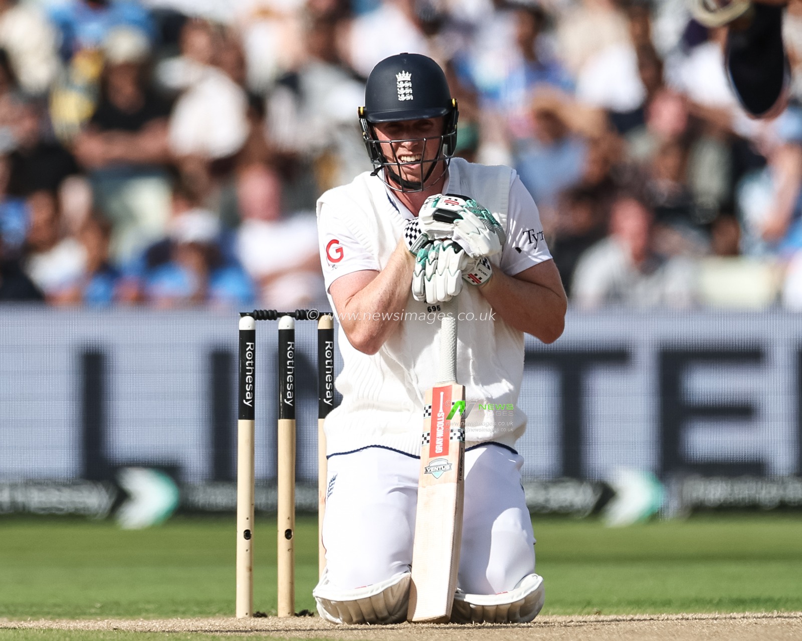 Zak Crawley of England drops to the floor after he’s hit with a ball form Akash Deep of India during the 2nd Rothesay Test Match day 4 England v India at Edgbaston, Birmingham, United Kingdom, 5th July 2025

(Photo by Mark Cosgrove/News Images)