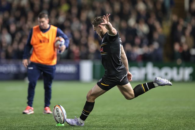 Brett Connon of Newcastle Red Bulls converts for a goal during the Gallagher Premiership match Newcastle Red Bulls vs Northampton Saints at Kingston Park, Newcastle, United Kingdom, 17th October 2025

(Photo by Mark Cosgrove/News Images)