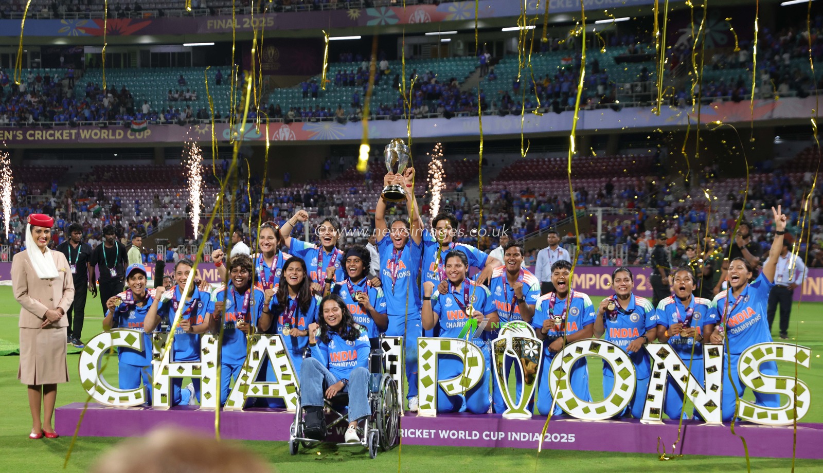 India women's team won the final celebrating with Trophy during the ICC Women's ODI Cricket World Cup Final 2025 session India Women vs South Africa Women at Dr. D.Y. Patil Sports Academy, Navi Mumbai, India, 2nd November 2025

(Photo by Shubhajit Roy Karmakar/News Images)