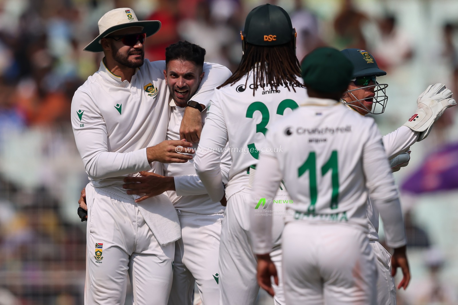Simon Harmer of South Africa celebrates after taking wicket of Dhruv Jurel of India during the IDFC First Bank Test Day 3 match India vs South Africa at Eden Gardens, Kolkata, India, 16th November 2025

(Photo by Shubhajit Roy Karmakar/News Images)
