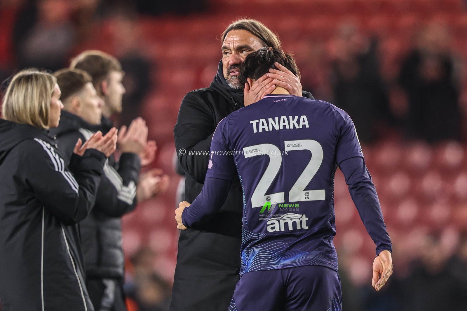 Daniel Farke manager of Leeds United embraces Ao Tanaka of Leeds United after the game during the Sky Bet Championship match Middlesbrough vs Leeds United at Riverside Stadium, Middlesbrough, United Kingdom, 8th April 2025

(Photo by Alfie Cosgrove/News Images)