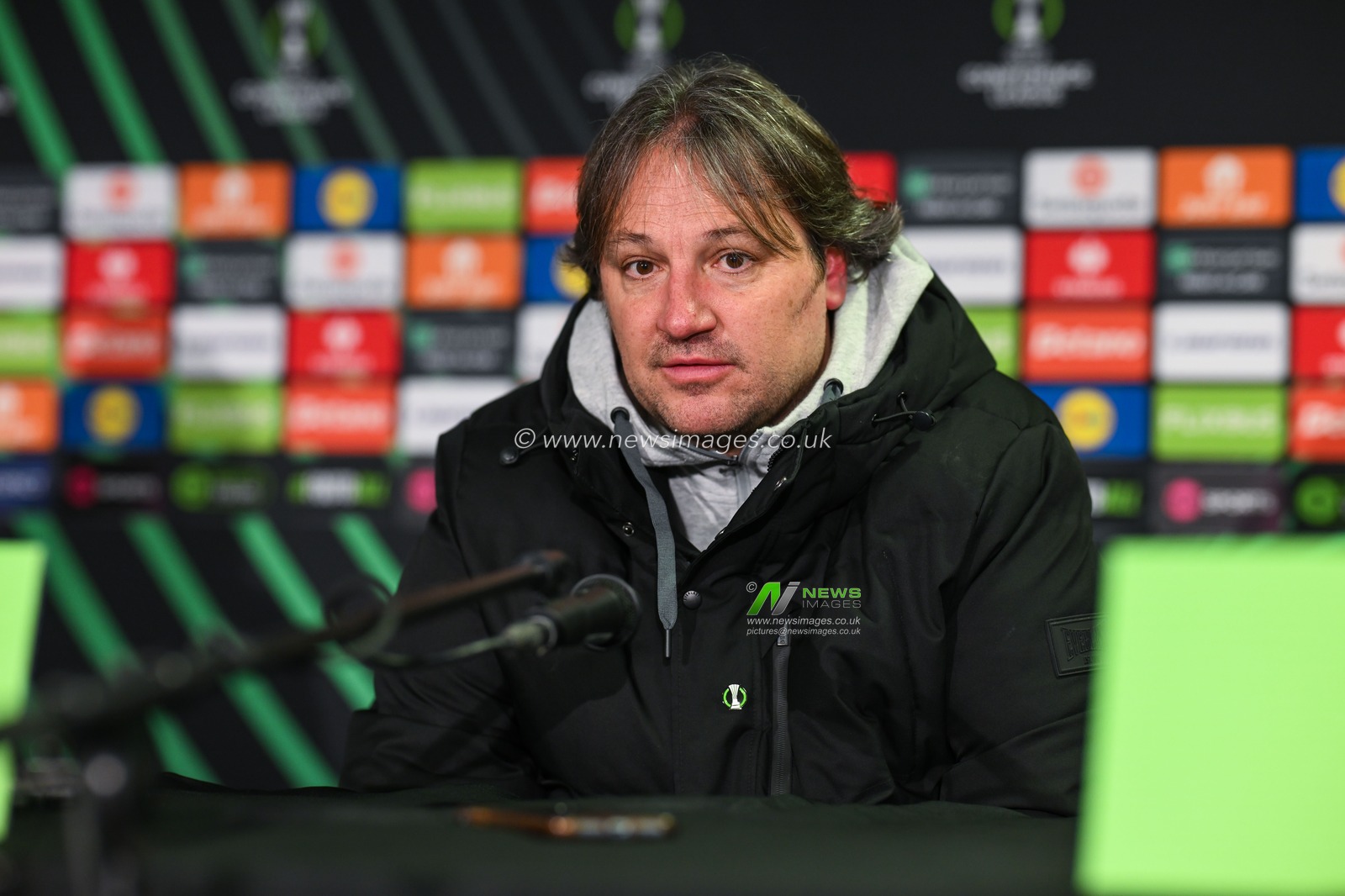 Craig Harrison Head coach of The New Saints F.C. during the post match press conference after the UEFA Conference League - League Stage match The New Saints vs DjurgÃ¥rden at Croud Meadow, Shrewsbury, United Kingdom, 28th November 2024

(Photo by Craig Thomas/News Images)