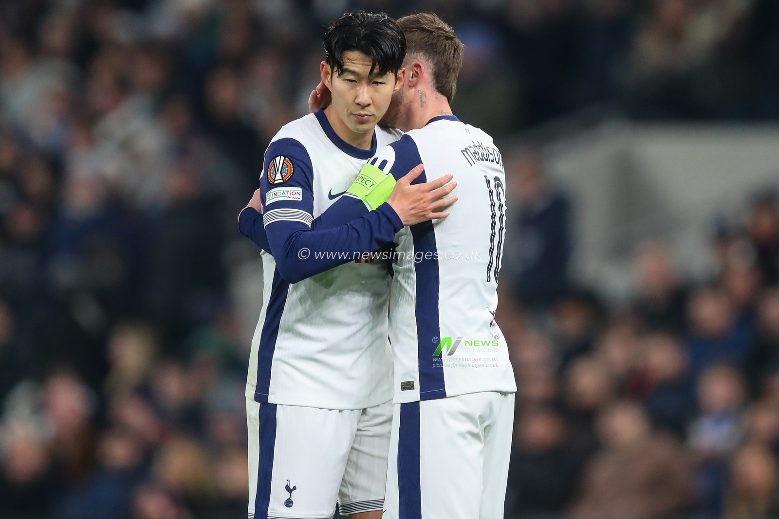 Son Heung-Min of Tottenham Hotspur speaks to James Maddison of Tottenham Hotspur after puts the captains armband on during the UEFA Europa League - League Stage match Tottenham Hotspur vs A.S. Roma at Tottenham Hotspur Stadium, London, United Kingdom, 28th November 2024

(Photo by Gareth Evans/News Images)