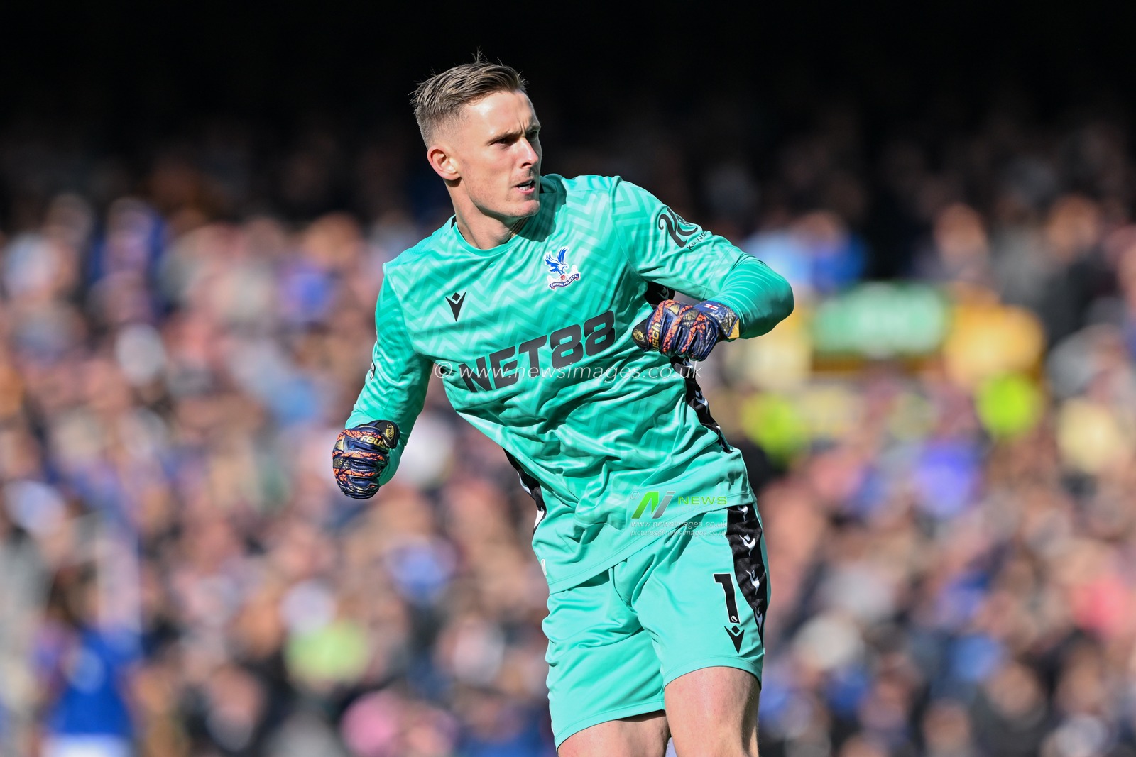 Dean Henderson of Crystal Palace celebrates Marc GuÃ©hi of Crystal Palace goal to make it 0-1 Crystal Palace during the Premier League match Everton vs Crystal Palace at Goodison Park, Liverpool, United Kingdom, 28th September 2024

(Photo by Cody Froggatt/News Images)