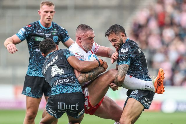 Curtis Sironen of St. Helens is tackled during the Betfred Super League round 19 match St Helens vs Leigh Leopards at Totally Wicked Stadium, St Helens, United Kingdom, 17th July 2025

(Photo by Alfie Cosgrove/News Images)